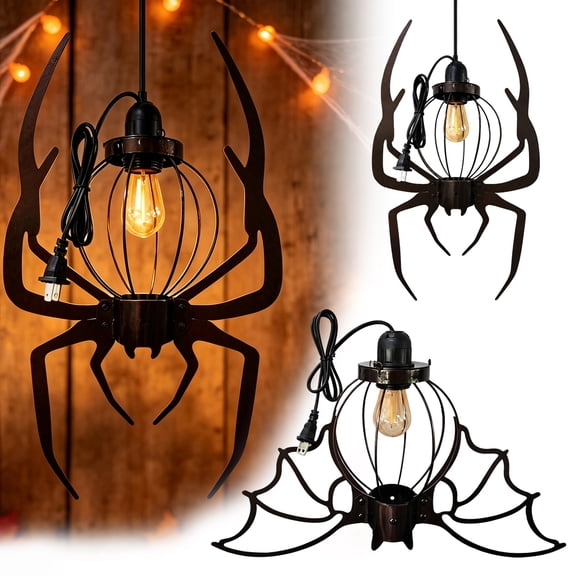 Callipe Halloween Metal Spider/Bat Decorative Lights, 3D Gothic Spider/Bat Chandelier, Rust-resistant Plug-in Hanging Lantern for Home Living Room Office Cafe