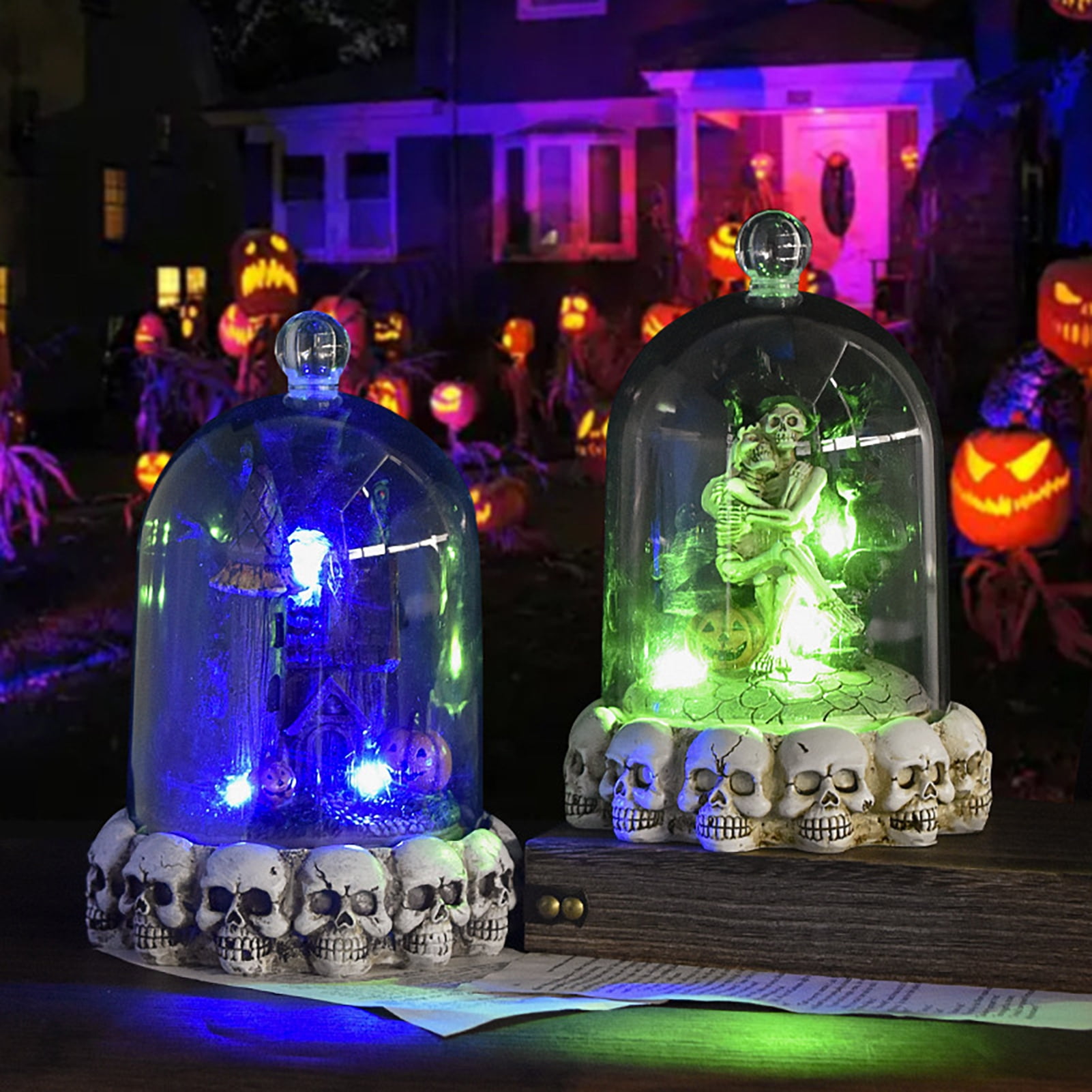 Callipe Halloween Skeleton Couple Figurine with Light Gothic Pumpkin