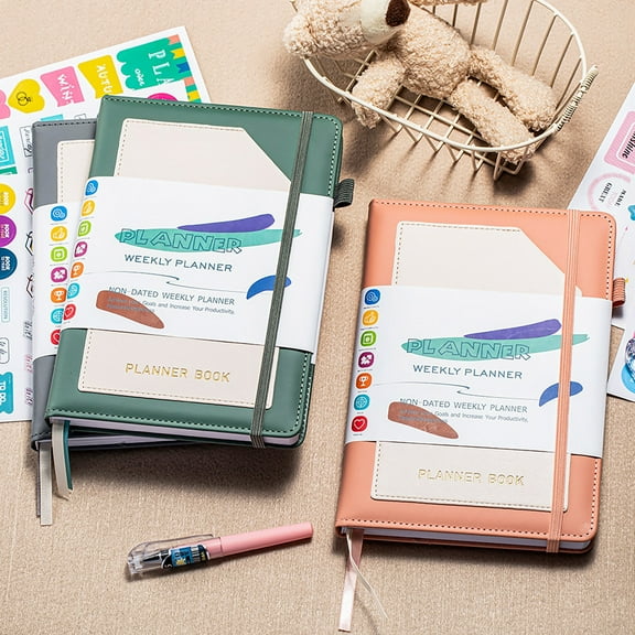 Callipe Planner Book Faux Leather Hardcover Elastic Rope Schedule Book Daily Weekly Monthly Vision Board Habit Tracker Grid Dotted Page Agenda