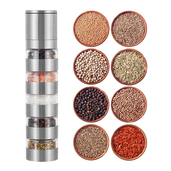 Callipe Spice Grinder Stainless Steel Portable Travel Spice Kit 5-in-1 Modular Spice Containers Salt And Pepper Grinder for Camping Kitchen Travel Outdoors