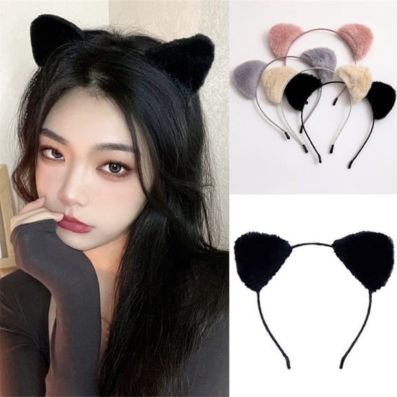 Callipe Women Hairband Soft Fluffy Plush Cartoon Kitty Ear Decor Elastic Narrow Brim Anti-slip Regular Fit Solid Color Head Decoration Hair Hoop