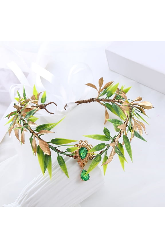 Women Heaband Pixie Elf Ears Leaf Wreath Rhinestone Decor Lace Up Adjustable Heart Shape Elven Crown Fairy Queen Costume Headband Headpiece Party Bride Wedding Tiaras Cospaly Hair Accessories