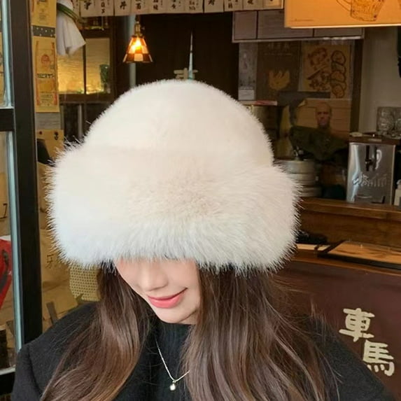 Callipe Women Winter Hat Faux Fur Thick Warm Heat Retention Dome Solid Color Fisherman Hat Outdoor Skiing Cycling Headwear