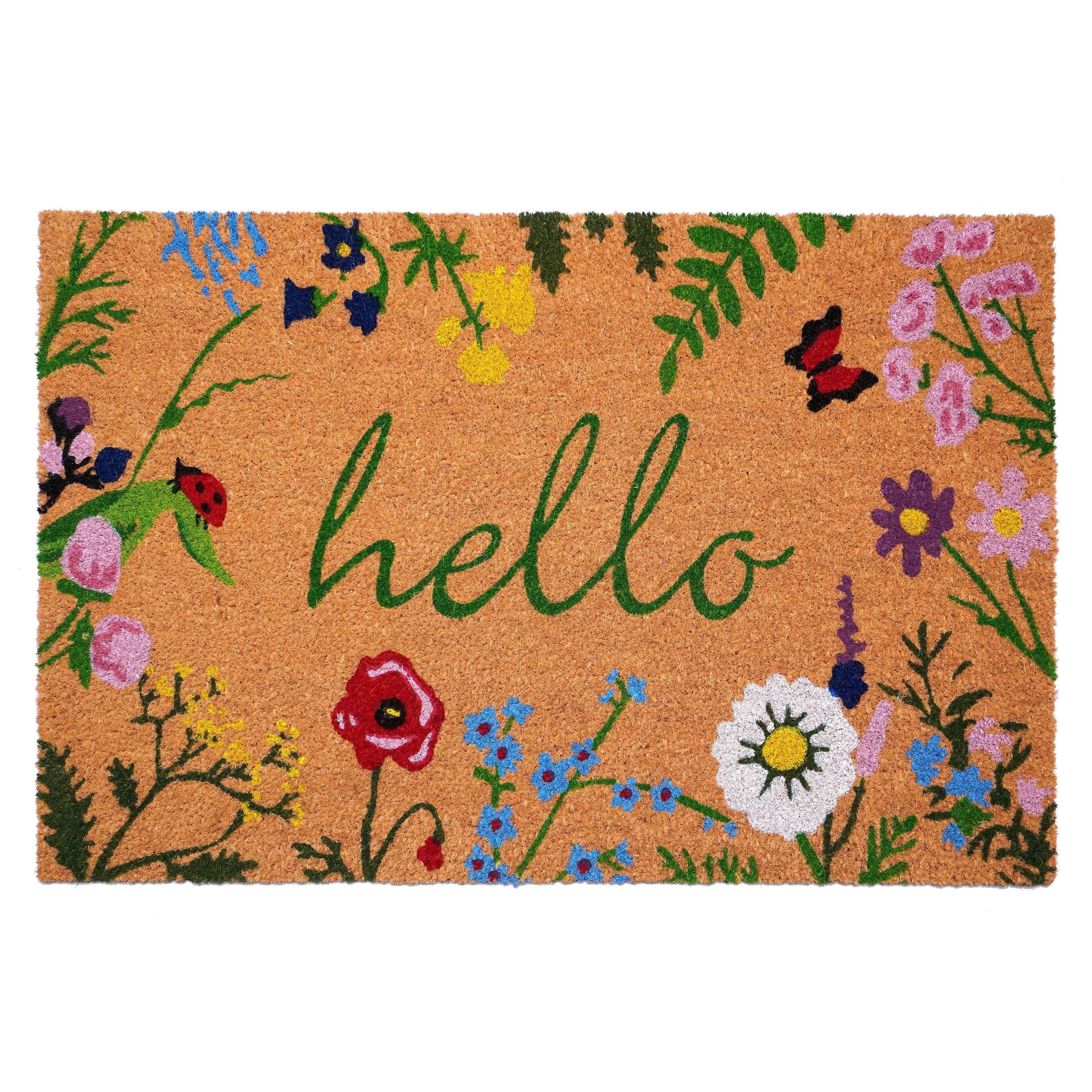 Floral Hello Coir Rectangular Outdoor Doormat, 24" x 36"