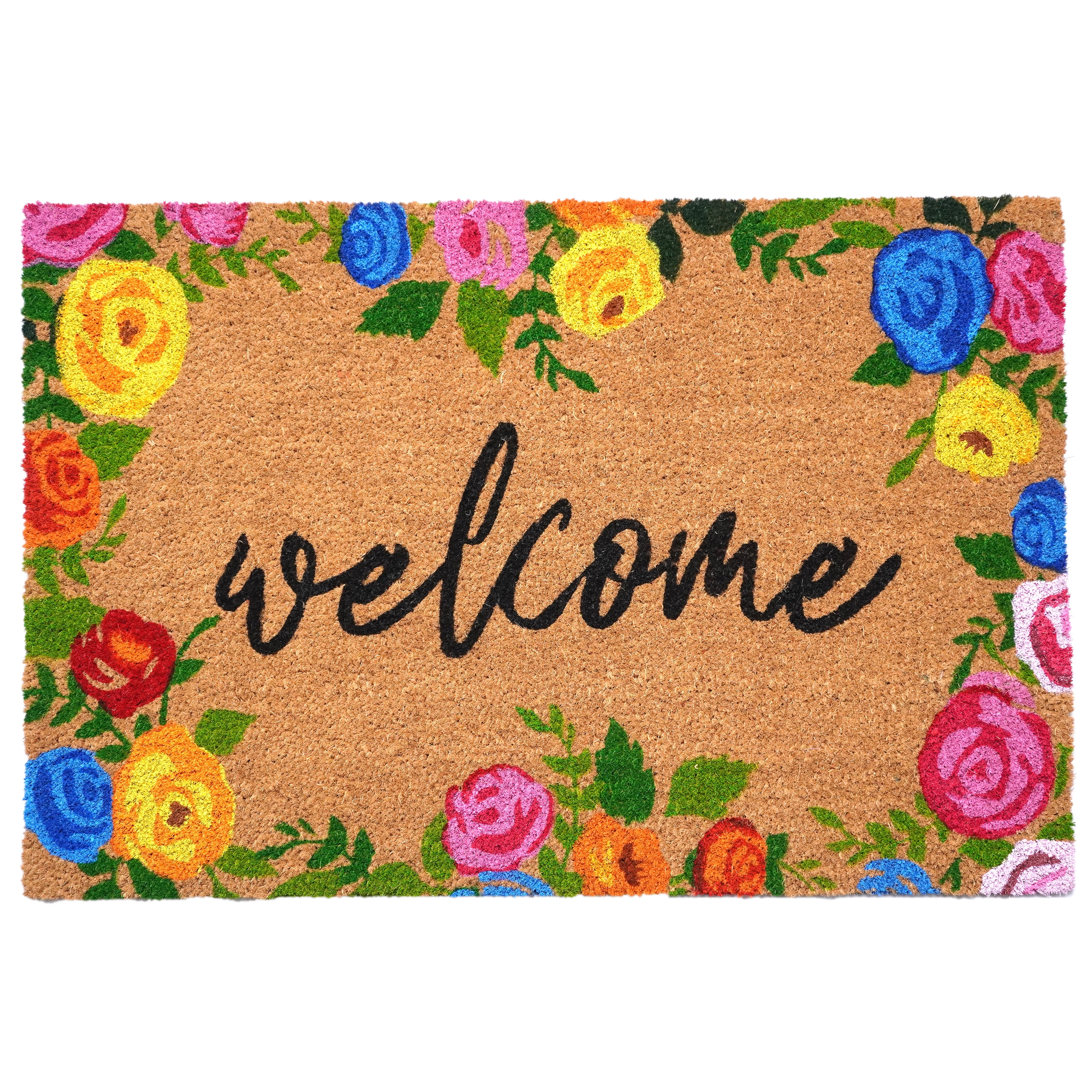 Colorful Floral Coir Welcome Doormat with Vinyl Backing