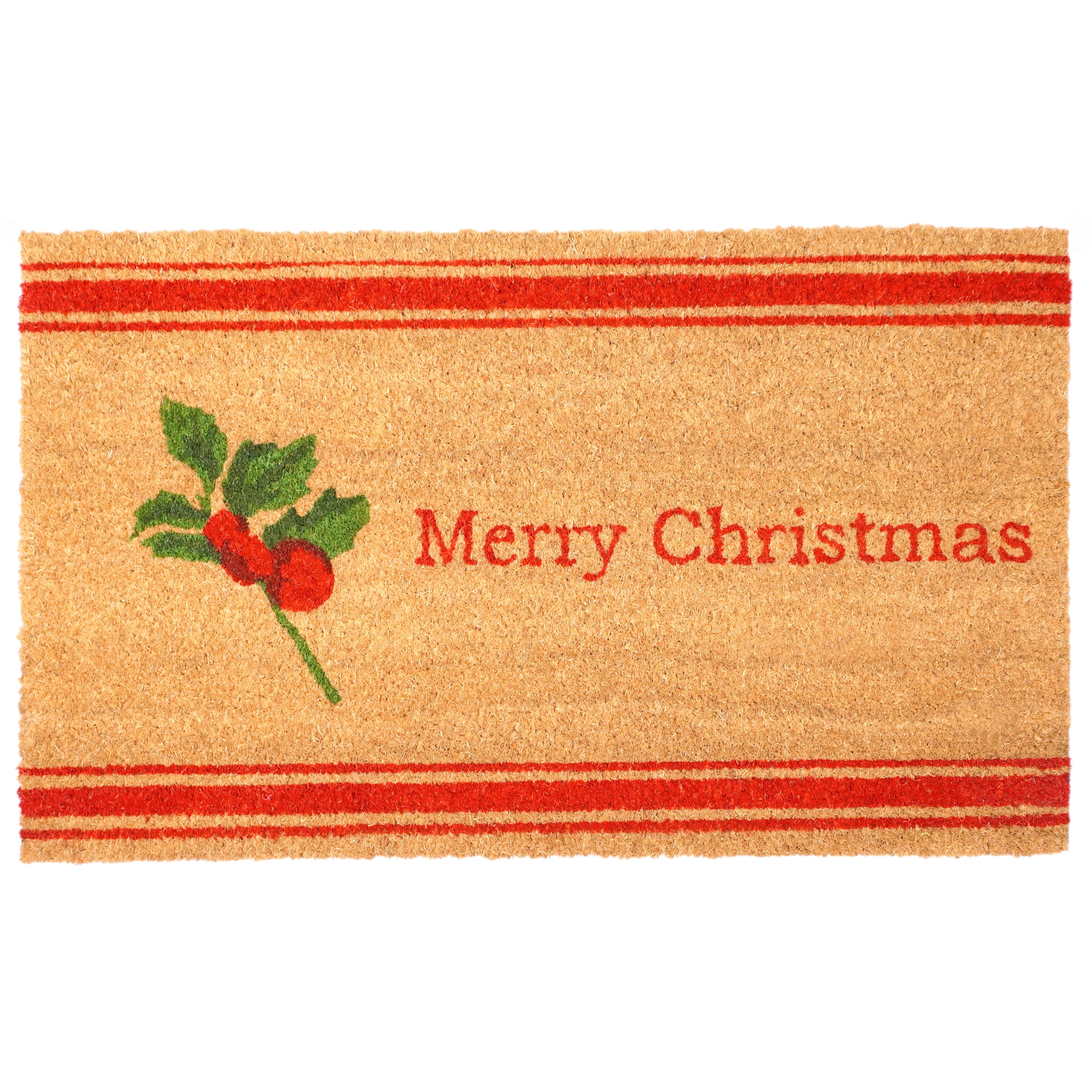Merry Christmas Holly Berry Coir Doormat with Vinyl Backing