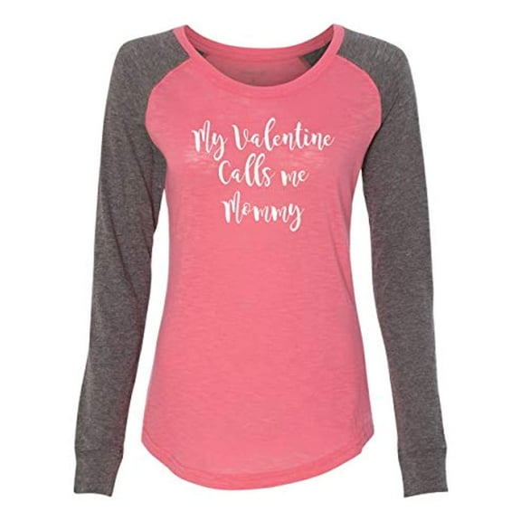 Calls Me Mommy Valentine's Day Women's Raglan Long Sleeve Shirt-Coral/Granite-Small