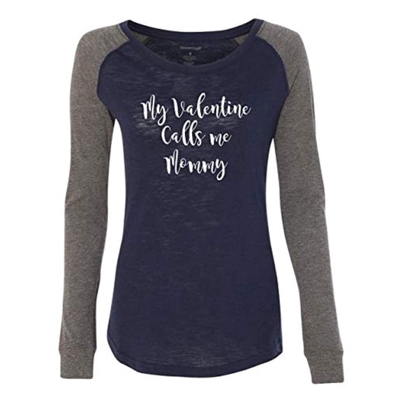 Calls Me Mommy Valentine's Day Women's Raglan Long Sleeve Shirt-Navy/Granite-Medium