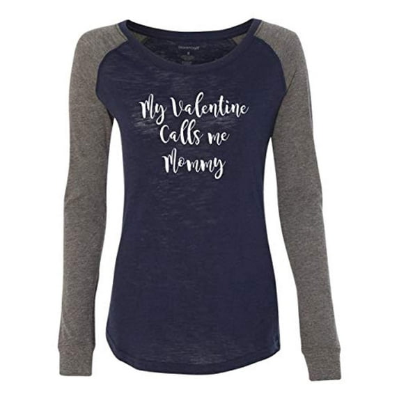 Calls Me Mommy Valentine's Day Women's Raglan Long Sleeve Shirt-Navy/Granite-XXL