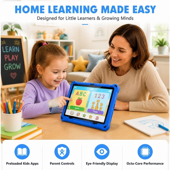 Callsky 10.1-Inch Kids Tablet, Android 14, ABCmouse Authorized Learning App, 12GB+64GB, Blue