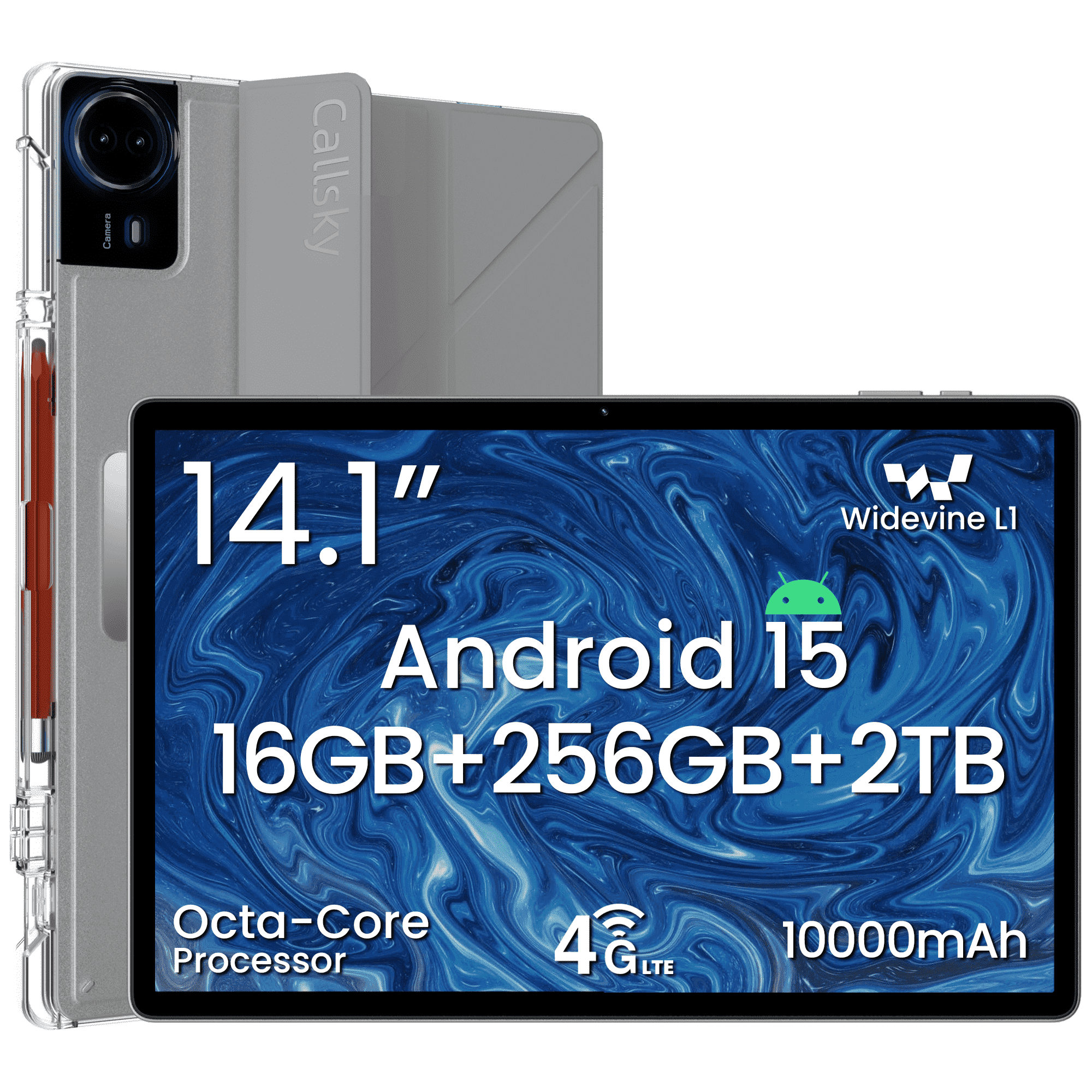 Callsky 14.1" Tablet, Android 15 Tablet, 4G LTE, 16GB RAM, 256GB, FHD+ IPS, 10000mAh, Leather Case & Stylus, Silver