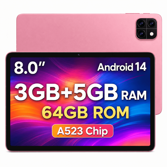 Callsky 8 Inch Tablet Android 14, 64GB, for Reading and Travel, Pink