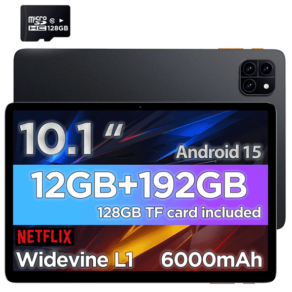 Callsky Tablet 10.1" Octa-core Processor Android 15 Tablet with 12GB RAM 192GB ROM (Expand to 2TB) 1280x800 IPS HD Display 6000mAh WiFi 6/BT 5.4 Black