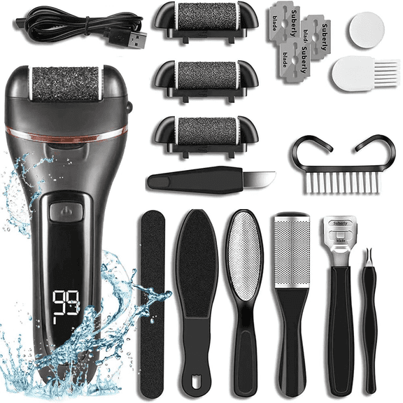 Callus Remover for Feet, 13-in-1 Professional Pedicure Tools Foot Care Kit, Foot Scrubber Electric Feet File Pedi for Hard Cracked Dry Dead Skin, 3 Rollers, 2 Speed, Battery Display (Black)