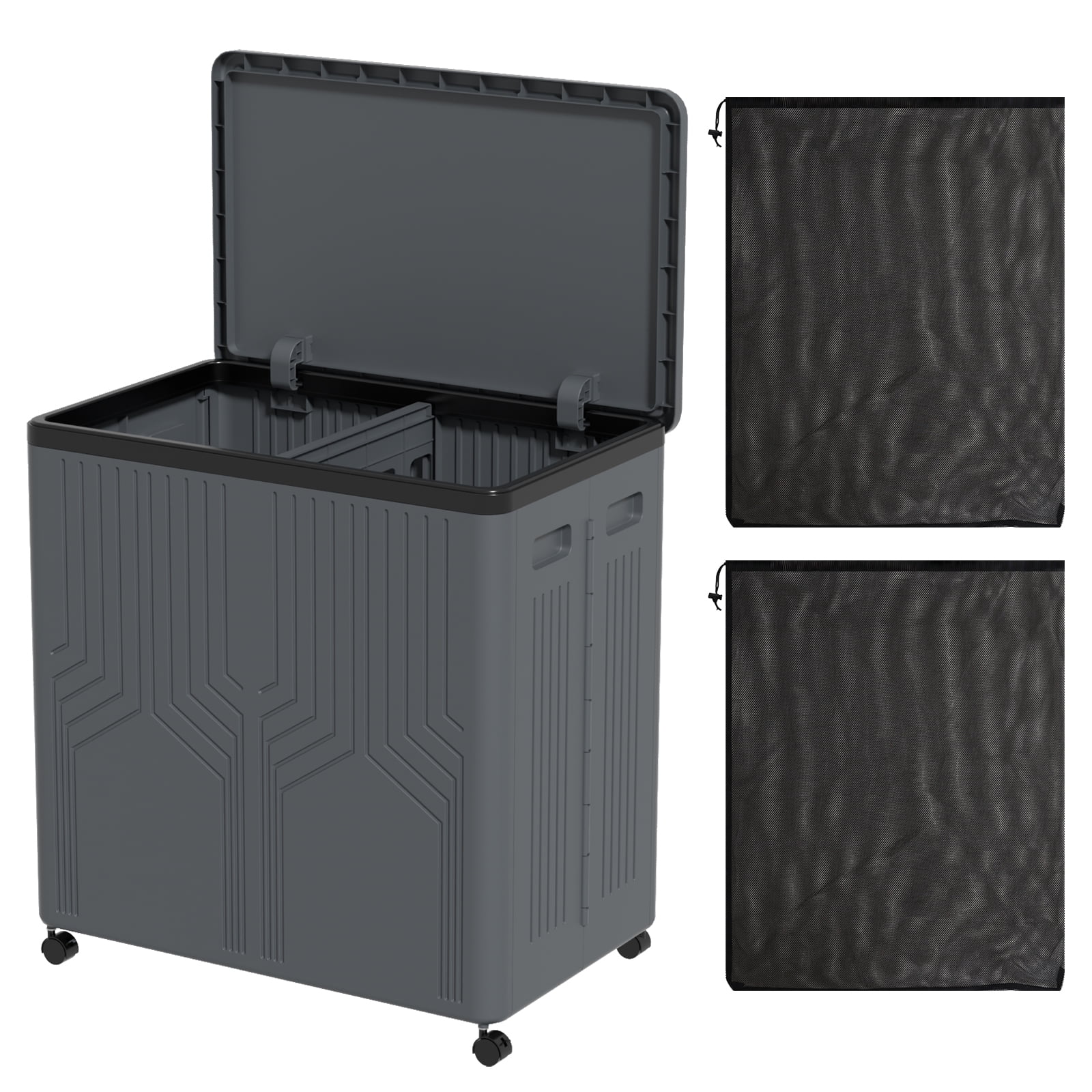 Callyne 120 L Large Laundry Hamper with Lid and Wheels, 2 Section Plastic Laundry Basket with Wheels, Foldable Rolling Clothes Basket for Bathroom Bedroom, Gray