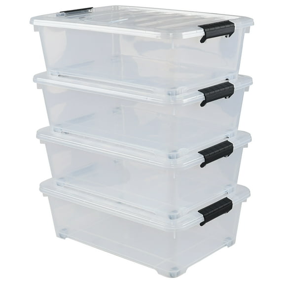 4 Pack 20 L Plastic Under Bed Storage Box with Lid, Clear Plastic Storage Bins Under Bed with Wheels
