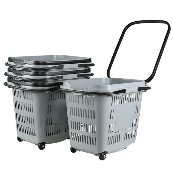Callyne 50 L Plastic Shopping Basket with Wheels and Handle, Set of 4 Portable Shopping Basket Grocery Basket with Plastic Handle, Gray