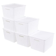 Callyne 6-Pack Large Stackable Plastic Storage Baskets with Lids, White Lidded Storage Bin for Shelves, Closet, Pantry