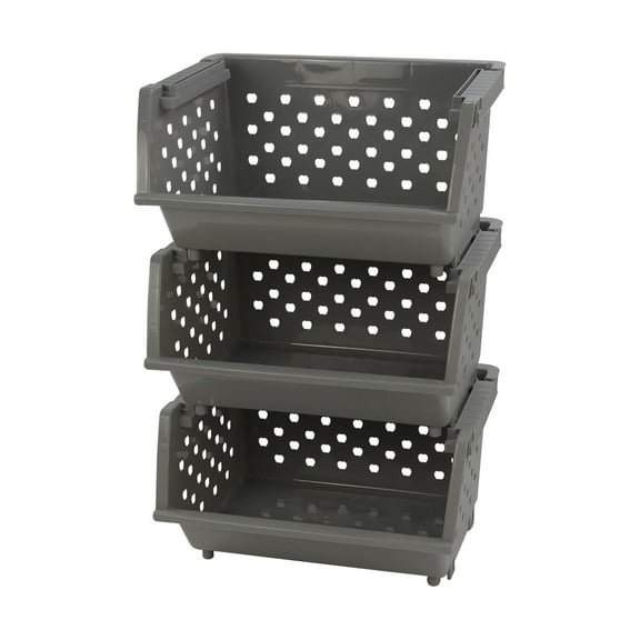 Callyne Gray Plastic Stacking Organizer Basket, Stackable Storage Basket, Set of 3