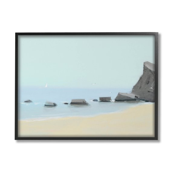 Calm Beach Shore Rocks Coastal Graphic Art Black Framed Art Print Wall Art