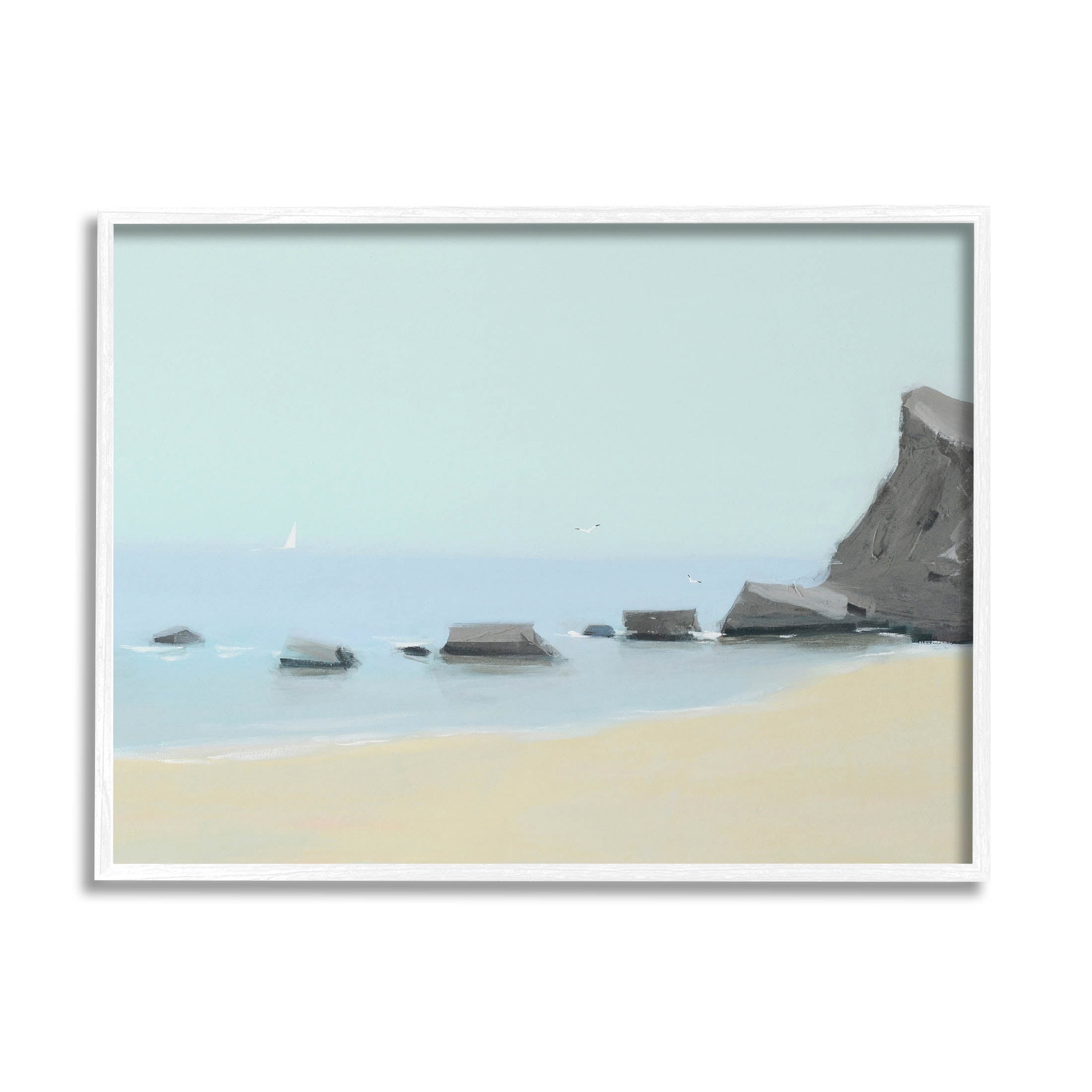 Calm Beach Shore Rocks Coastal Graphic Art White Framed Art Print Wall Art