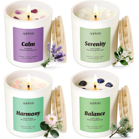 Calm Candles Set for Women - 4 Pack Candles for Home Scented, 28 oz 200 Hour Burn, Aromatherapy Candle with Crystals, Lavender Calm/Jasmine Serenity/Water Lily Pear Harmony/Patchouli Balance