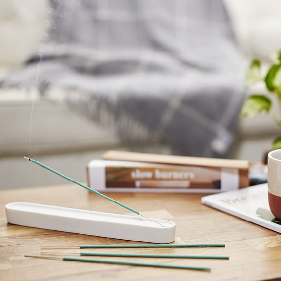 Calm Club | Incense Holder & Incense Sticks | Green Tea Scented Incense Sticks With White Ceramic Incense Burner | Meditation Accessories For Spiritual Decor | Spiritual Gifts For Women | Pack of 15