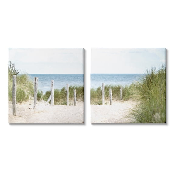 Calm Coastal Beach Fence Nautical Landscape Landscape Gallery-Wrapped Canvas Print Wall Art, Set of 2, 17x17