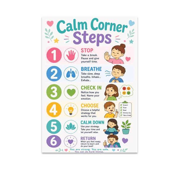 Calm Corner Steps Classroom Chart - Teacher Resource - 13x19 Poster Print