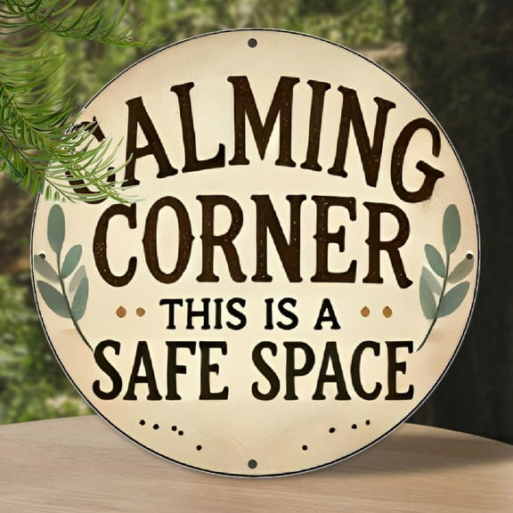 "Calm Corner" Vintage-Inspired Round Aluminium Sign: Safe Space Wall Art for Classroom, Home, Bar, Office, Bedroom Decor - 20cm/8inch