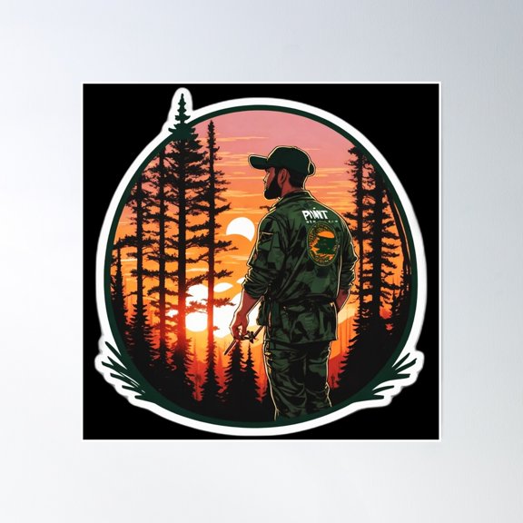 Calm Forester Looking At Coniferous Sunset Poster Wall Art, Modern Wall Decor, 16x16 UNFRAMED