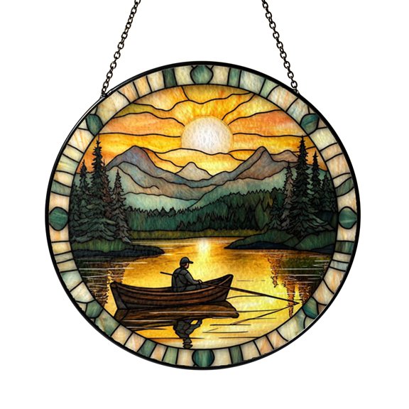 Calm Lake Fishing Scene Round Stained Glass Effect Suncatcher, Nature Inspired Window Hanging
