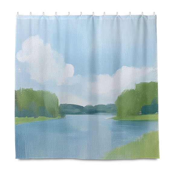 Calm Lake Painting 72x72 Waterproof Shower Curtain Liners Durable Metal C-Hooks Fade-Proof Thermal Print Anti-Splash