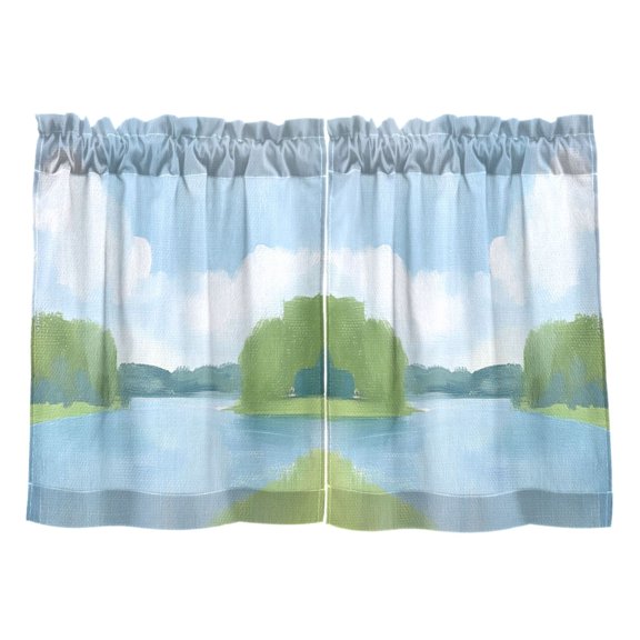Calm Lake Painting Kitchen Curtains Tier Set 27x36 Inch 2 Panels Semi Sheer Light Filtering Privacy UV Protection