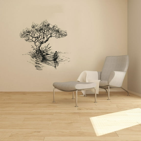 Calm Lake Tree Boat Scene Sailing Sailor Sail Boat Ocean Sea Silhouette Vinyl Design Wall Sticker Wall Art Wall Decal Boy Girl Kid Room Bedroom Sailor Home Decor Stickers Decoration Size (10x10 inch)