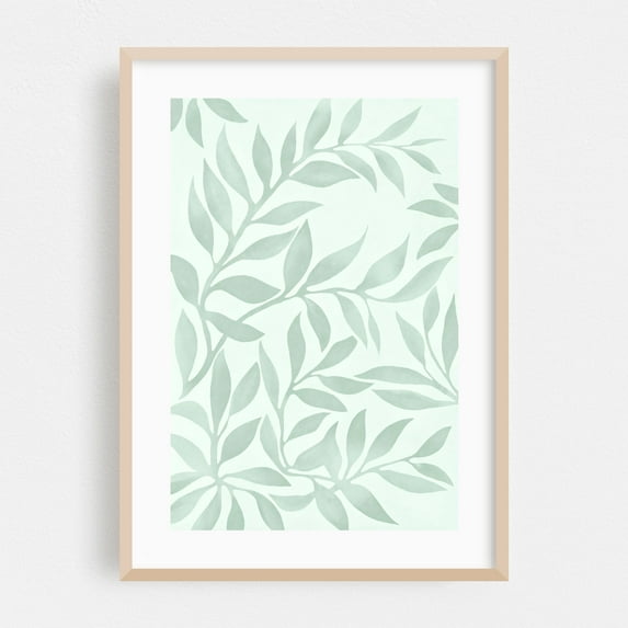 Calm Leaf Botanical Backdrop Sage Green - Painting Botanical Floral Nature Minimalist Abstract Pastel Tropical Oak Framed Wall Art Print 5 x 7 inches