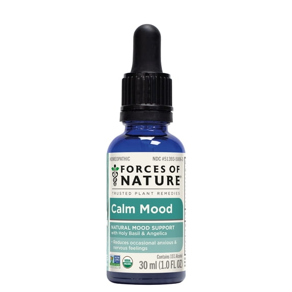 Forces of Nature Calm Mood Stress Relief, Organic, Plant-Based, Non-Habit-Forming, Non-Toxic Sublingual Tincture, 30ml Value Size