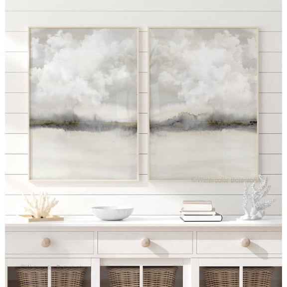 Calm Neutral Horizon Duo Soft Vertical Landscape Minimal Wall Art Set 2 Stretched Canvas 8x12