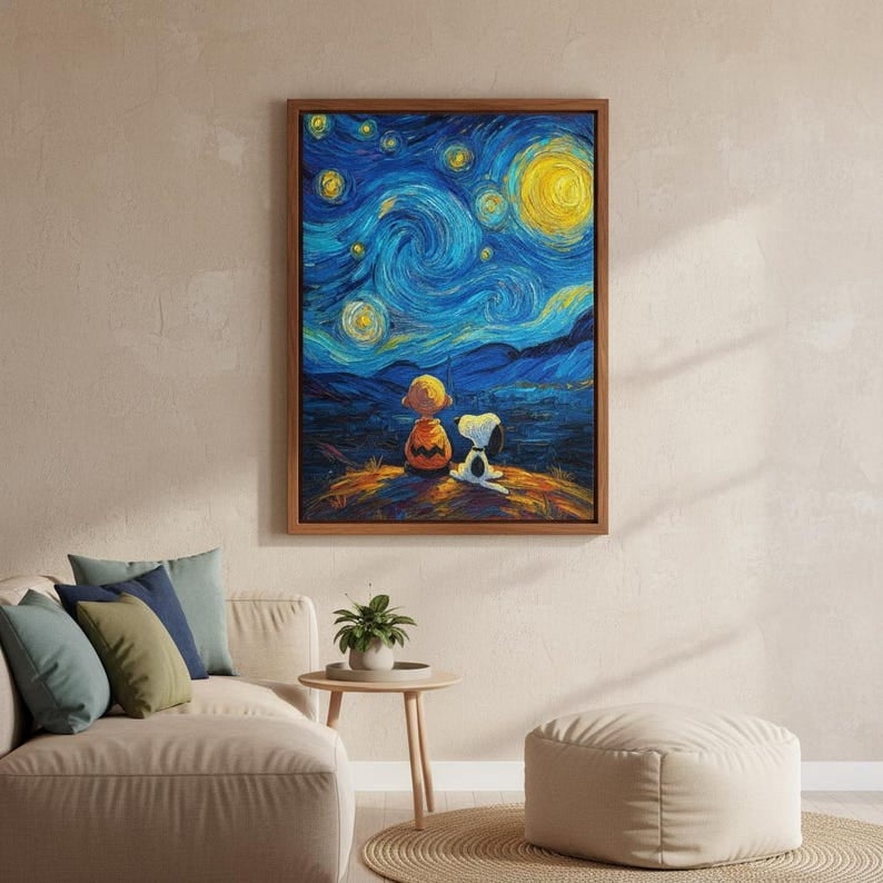 Calm Nighttime Illustration Showing Snoopy and Friends Beneath Swirling ...