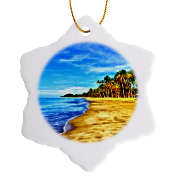 3drose, Calm Ocean Beach with Palm Trees Image of Light Infused Painting, 3 inch Snowflake Porcelain Ornament