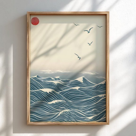 Calm Ocean Waves Woodblock Wall Art Print, Unframed Paper Poster 8x10in