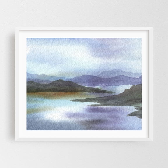 Calm Peaceful Waters Contemporary Watercolor Landscape - Painting Watercolor Landscape Nature Mountain Lake Scenic Calm White Framed Wall Art Print 6 x 8 inches