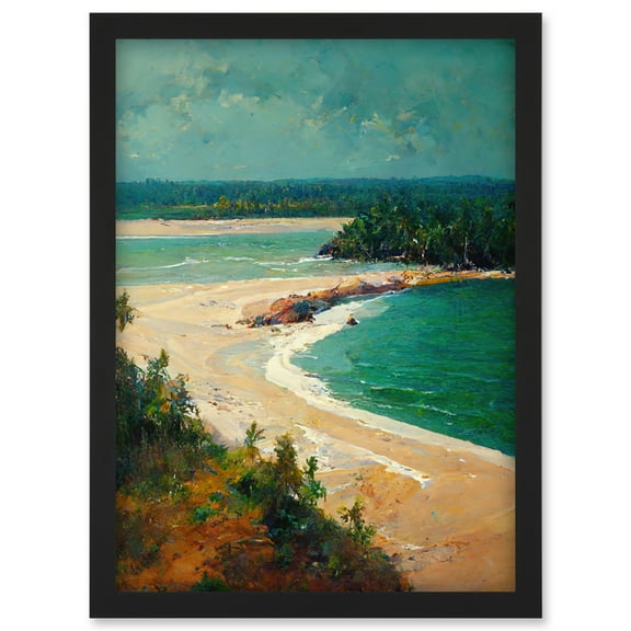 Calm Sandy Beach Cove Seascape Oil Painting Artwork Framed Wall Art Print A4