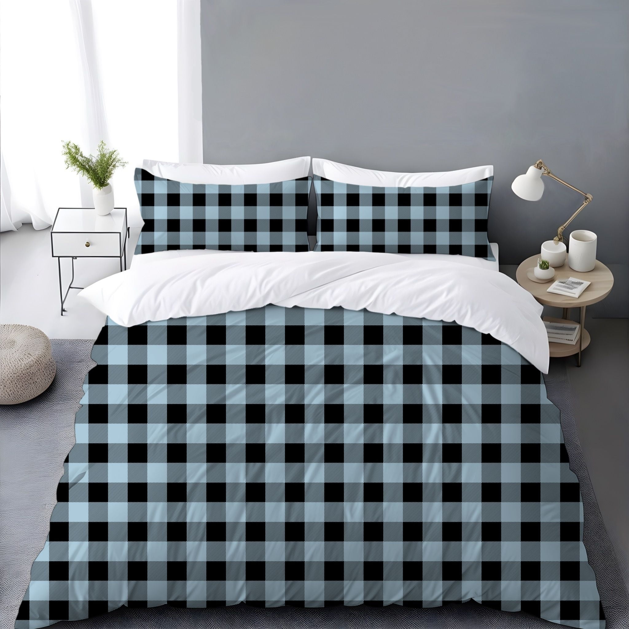 Calm Seas Duvet Cover Rustic Blue & Black Buffalo Plaid Design