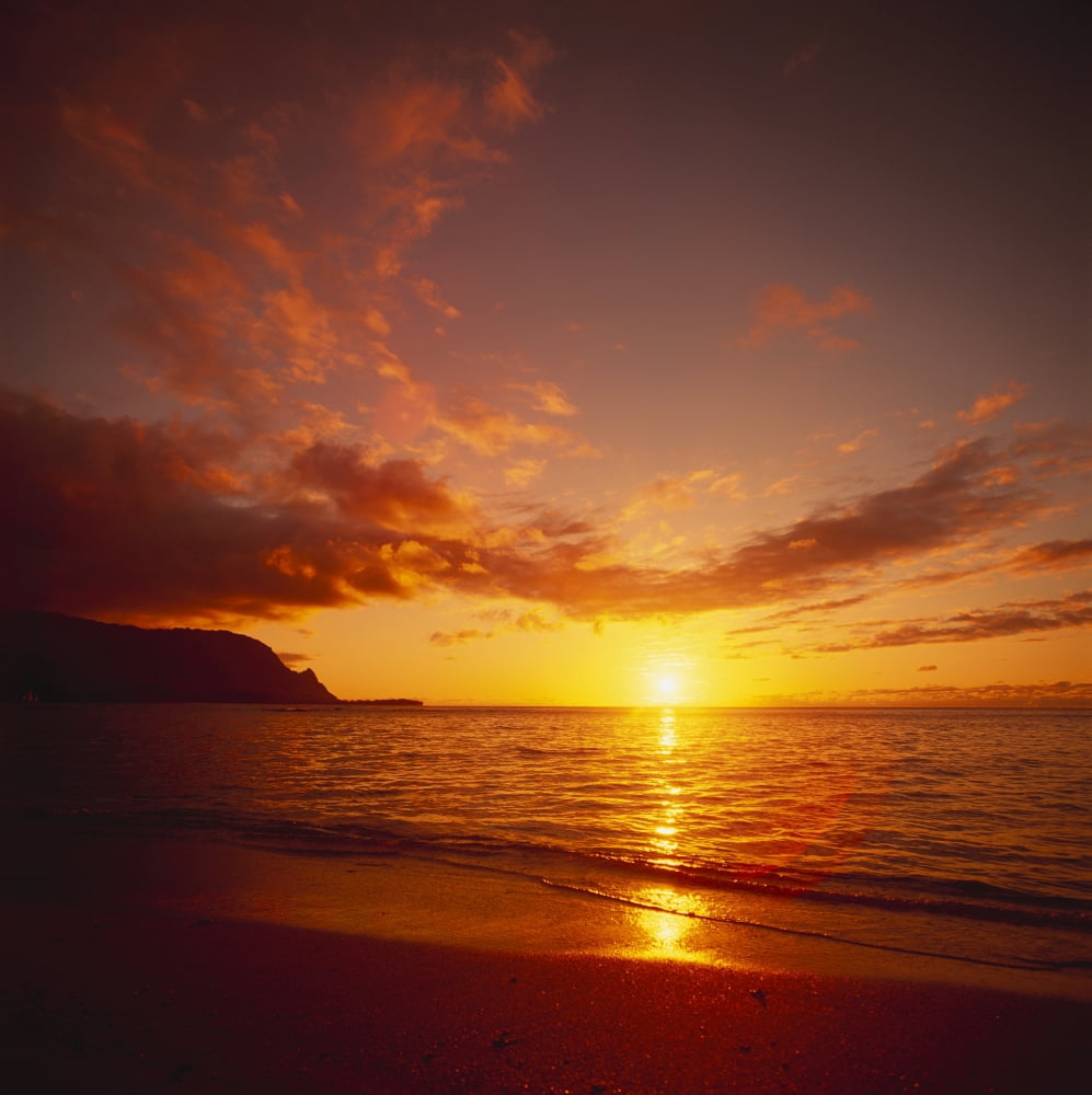 Calm Shoreline Ocean Waters With Orange Reflections From Sunset Dark Orange Clouds Canvas Art - Kate Turning and Tom Gibson Design Pics (15 x 15)