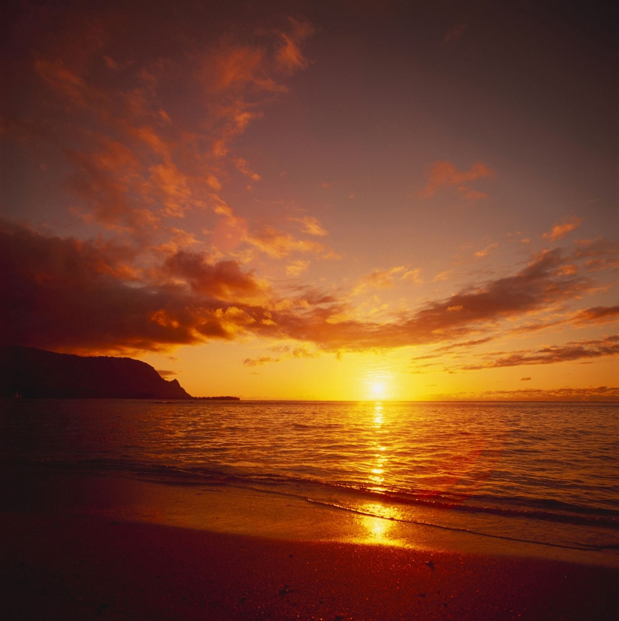 Calm Shoreline Ocean Waters With Orange Reflections From Sunset Dark Orange Clouds Canvas Art - Kate Turning and Tom Gibson Design Pics (24 x 24)
