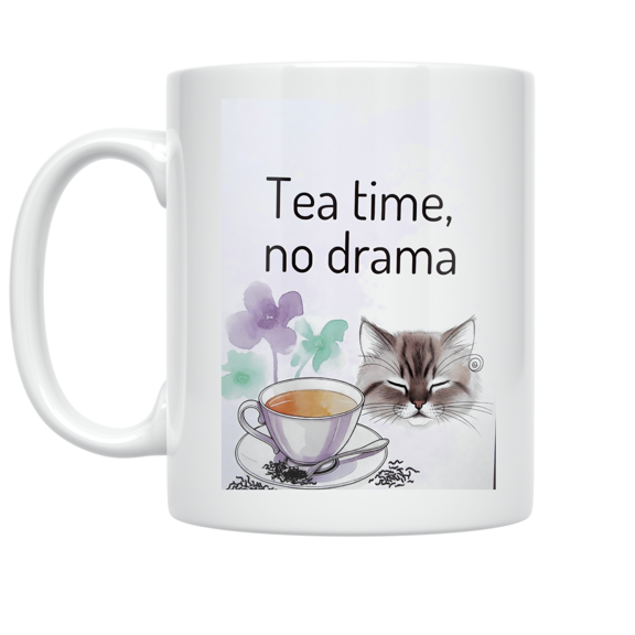 Calm Tea Time Design - Cat Lover - 11 oz Ceramic Coffee Mug
