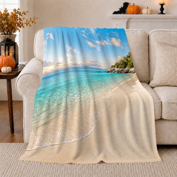 Calm Turquoise Shoreline with Gentle Surf, Minimal Coastal Style for Ocean Lovers, Pale Sand Beach Scene and Birthday Gift, Soft Flannel Blanket for Bedroom and Sofa, Nautical Home Decor