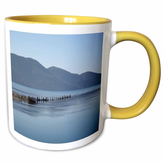 3drose, Calm Waters Calm Sea and Boat Against a Backdrop of Pine Clad Mountains and Blue Sky, 15oz Two-tone Yellow Mug