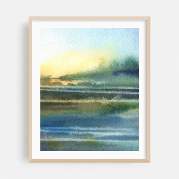 Calm Waves Glowing Skies Abstract Watercolor Contemporary Landscape - Painting Watercolor Abstract Landscape Nature Ocean Coastal Calm Oak Framed Wall Art Print 6 x 8 inches